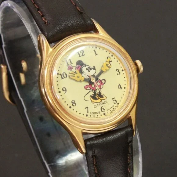 Lorus Ladies Mini Mouse Watch Gold Tone Case New Brown Leather Strap And Battery